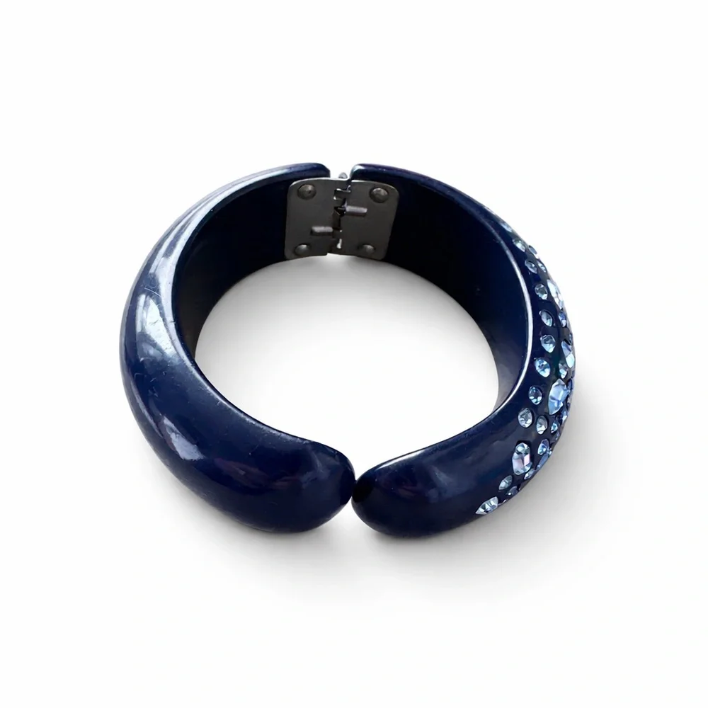 RARE Vintage Navy Crystal Clamper Bangle Bracelet | Light Sapphire Stones